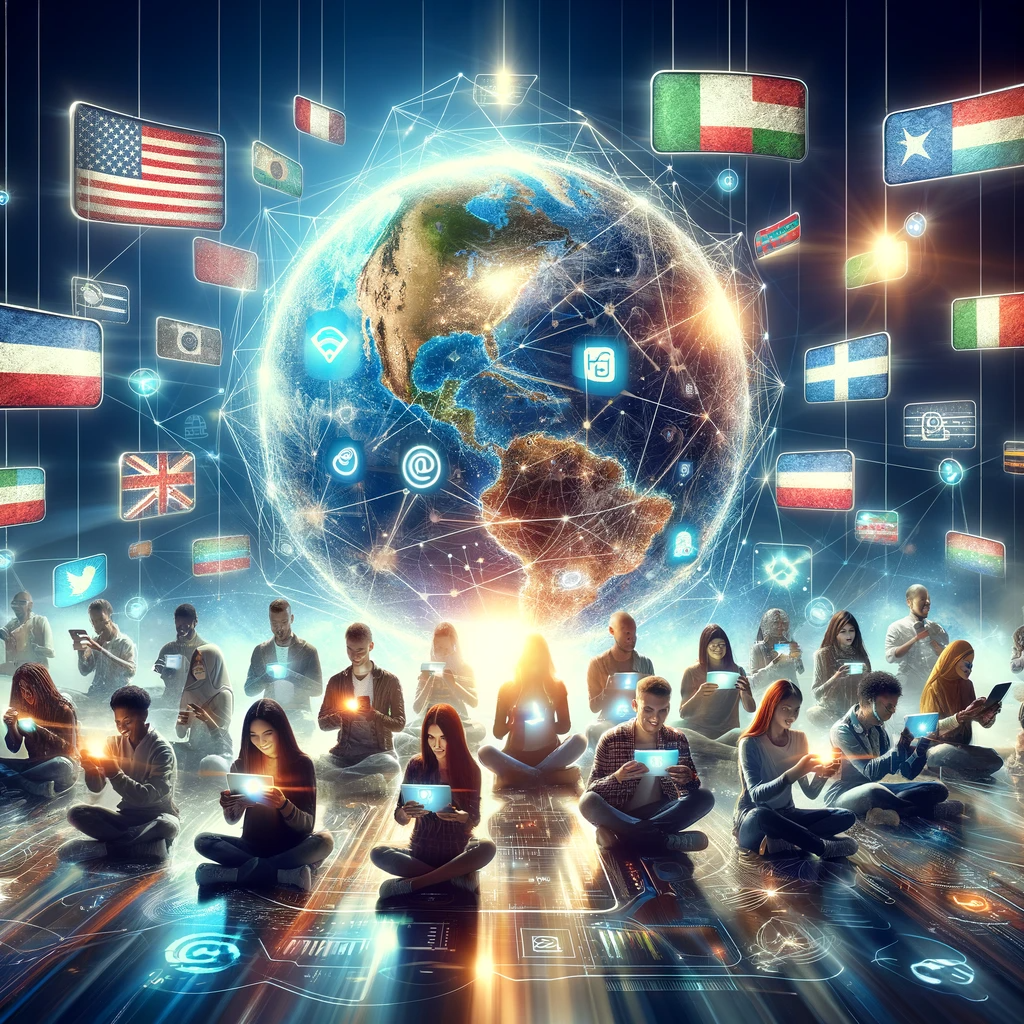 Diverse individuals holding devices with their country's flag, interconnected by glowing social media lines, under a translucent globe.