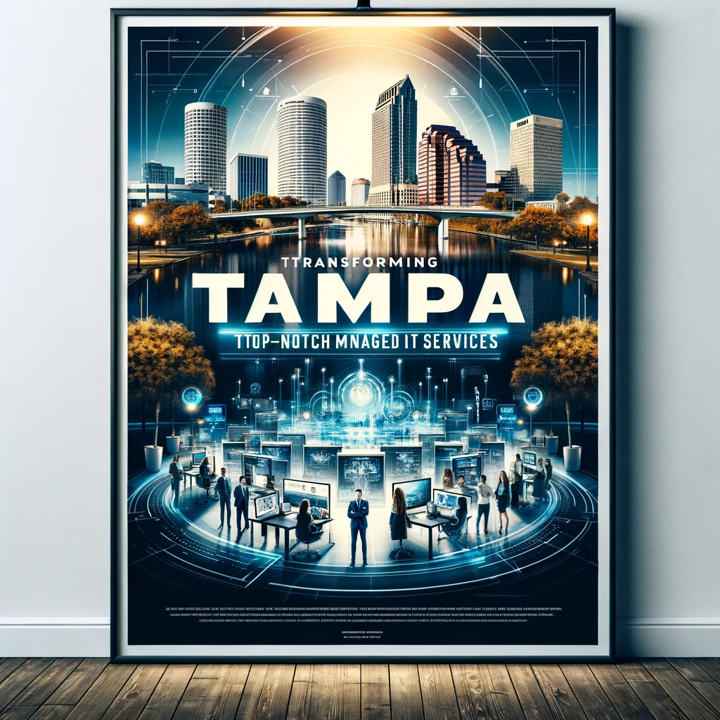 Advertising poster with Tampa landmarks and IT solutions, titled 'Transforming Tampa Businesses with Top-Notch Managed IT Services'.